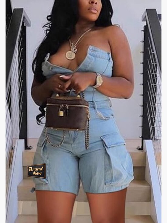 Strapless Denim Romper Cargo Shorts Slim Fit XXL One Piece Jumpsuit - Picture 4 of 5